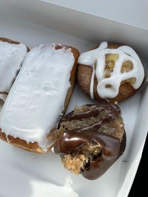 German chocolate cake donut, apple pie cake donut, vanilla iced long John's