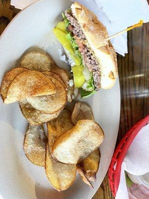 1/2 a quarter pound burger and homemade chips. The chips are amazing!