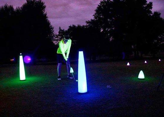 Island Lake Golf Course offers Glow Golf at night time for evening fun, book a time with us today!