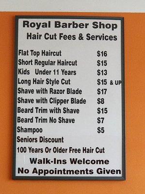 Price list, no appointments given got cut off.