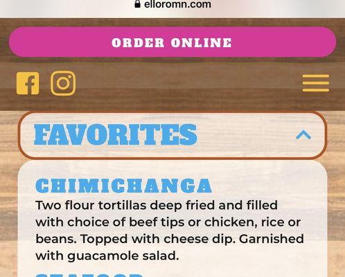 From menu, no pricing unless you choose to order on-line.