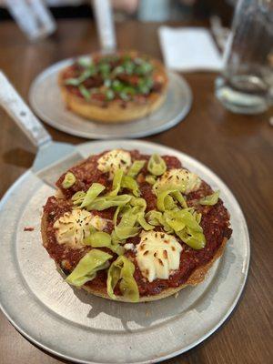 Personal deep dish~ ricotta, pepperoncini, jalapeños and roasted garlic