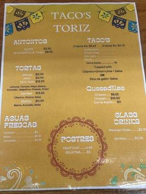 MENU Toriz tacos estámos ubicados 205 Van Buren Street Herndon Virginia 20170  cell 2406752964