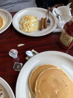 Eggs, sausage and pancakes