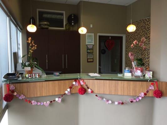 Front office decorated for Valentine's Day