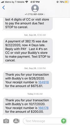 Payments that text to my phone not the right price I paid showed proof