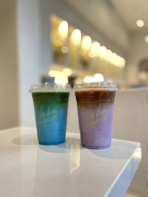 Butterfly matcha (left) and lavender bloom latte (right)