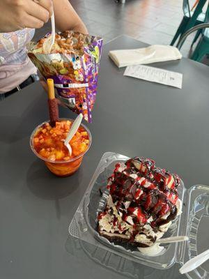 From top to bottom: Tostitos with cueritos, mangonada, and a gansito split.