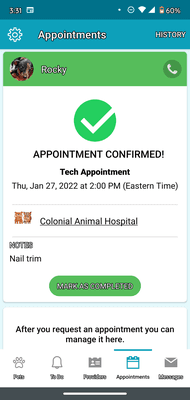 Snapshot of the appointment I made for a nail trim. Snapshot of the receipt they charged me for a vaccine I didn't request and a nail trim.