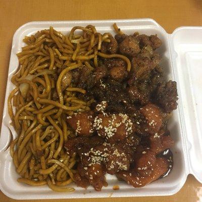 Fried noodles, sesame chicken, beef