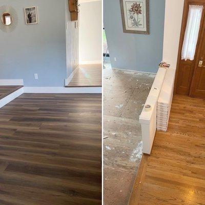 Before and after. Carpets/old hardwoods to LVP with new baseboards