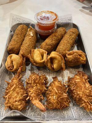 Mozzarella sticks, crab won tons & coconut shrimp