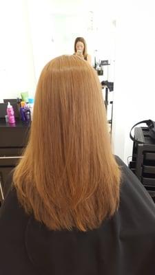 perfectly matched roots color touch up and long layered haircut by Rachel.