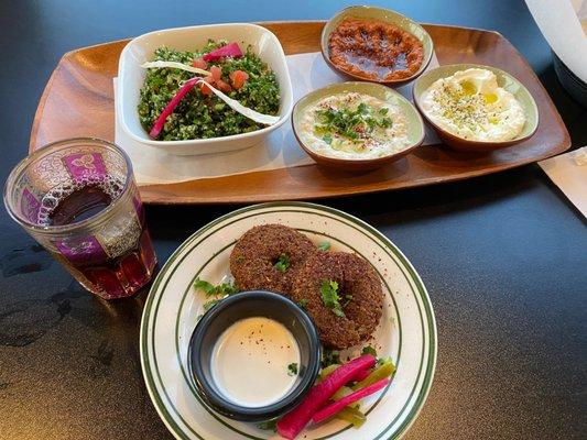 Homemade lebne, Baba Ghannouj, Fatteh Hummus, Tabouleh, Falafel Plate