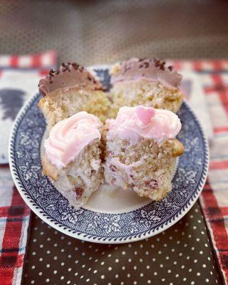 Inside the strawberry vanilla cupcake and vanilla cupcake with chocolate icing