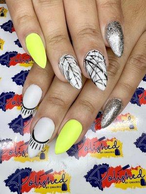 Apres stiletto short with add on gel polish , Matte and spider design