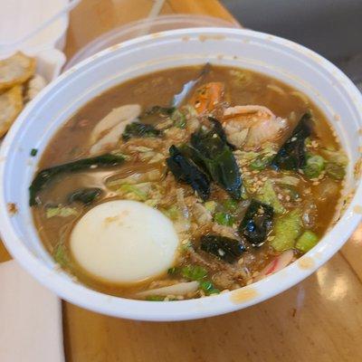 Seafood ramen in miso broth and an egg