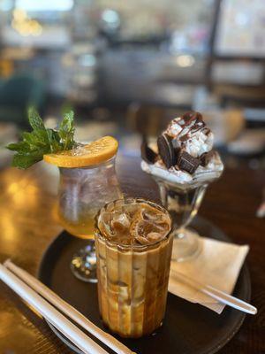 Peach lychee tea, Chocolate parfait and brown sugar latte