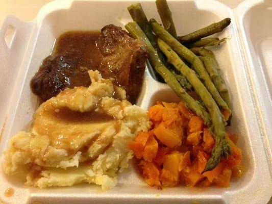 Meat loaf and mashed potatoes and gravy, Asparagus, and squash