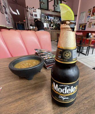 Inside restaurant, delicious salsa and ice-cold Modelo Negra