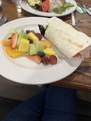 Turkey wrap, no cheese and fruit.