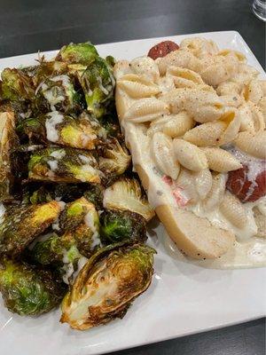 Queso Mac & cheese dog w/ Brussels sprouts