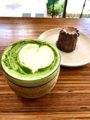 When On Waialae. Soy matcha latte w lavender syrup + canele.