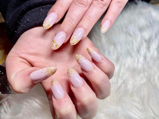 Nude pink acrylic set with Almond shape and Gold flakes designs