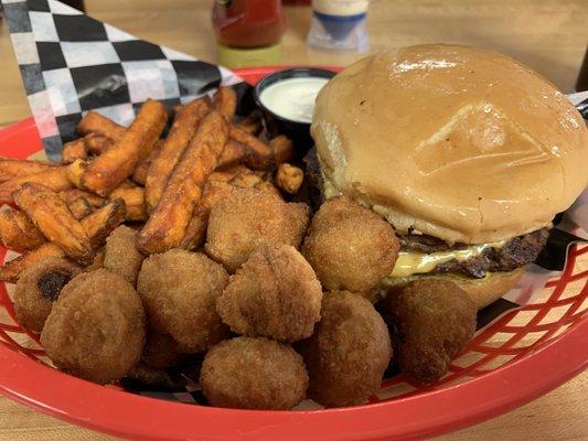 Double cheeseburger with sweet potato fries and mushrooms