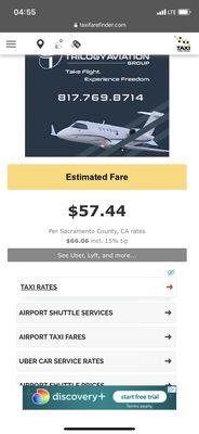 TaxiFareFinder estimated rate for the exact route we took. No traffic