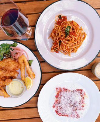 Fritto Misto, Spaghetti Pomodoro, Beef Carpaccio