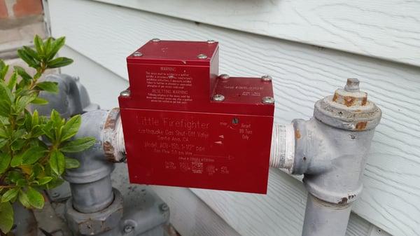 "Little Firefighter" Earthquake Gas Shut-off Valve installed by Dimond Plumbing.