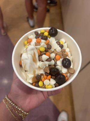 SF vanilla & cheesecake with butterscotch chips, white chocolate chips, reese's pieces & chocolate covered blueberry açaí goji berries