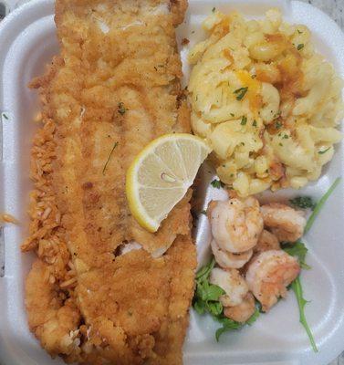 Flounder, garlic shrimp, red rice and macaroni and cheese