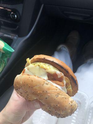 Everything bagel with bacon, egg, cheese, and cream cheese