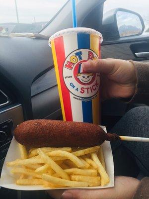 Beef corn dog, fries and cherry lemonade