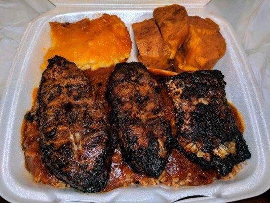 Jerk Catfish Dinner with Mac n' Cheese, Rice n' Peas & Candied Yams