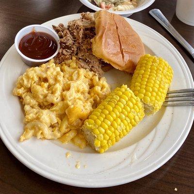 Pulled pork sandwich, mac & cheese, corn on the cob