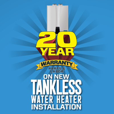 We proudly offer 20 year warranties on tankless water heaters! Call us or visit our website to learn more.