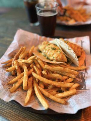 Fish taco with fries. Smithwicks to wash it down.