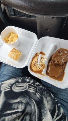 Salisbury steaks mashed potatoes mac and cheese and cornbread