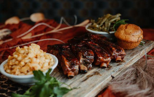 Barbecue Ribs with Mac and Cheese, Collard Greens and Corn bread