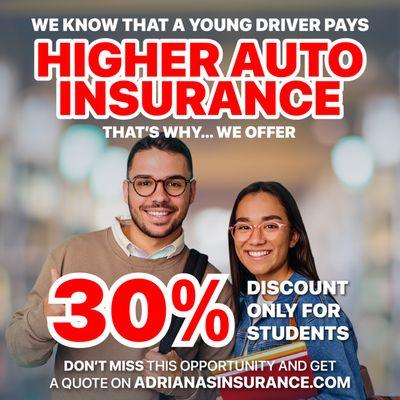 Being a student shouldn't mean high car insurance rates. That's why we offer a whopping 30% discount  just for students!