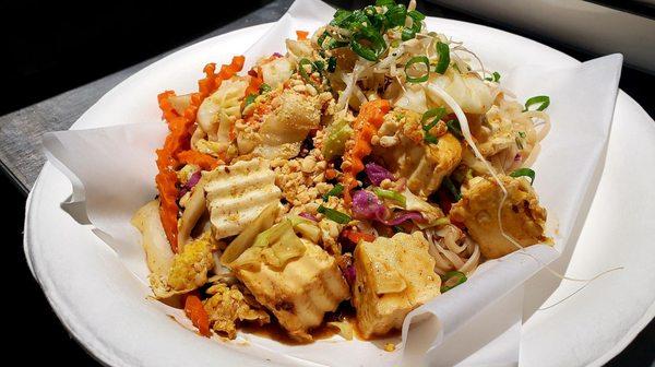 Tofu Pad Thai - Stir fried rice noodles, roasted peanuts, sprouts, cabbage, celery, and green onion.