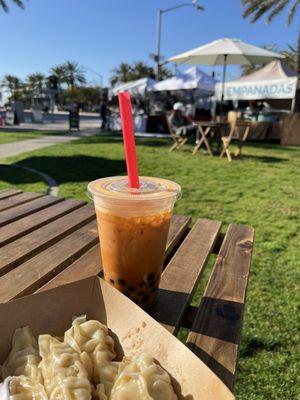 My order: Thai iced tea and pork dumplings