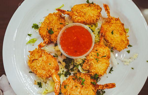 Coconut shrimp with sweet and sour sauce.