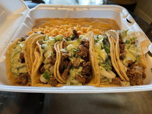 5 Street Tacos:  very neatly plated, for take out! Taste good , too!  Great with the red mild sauce!  5stars