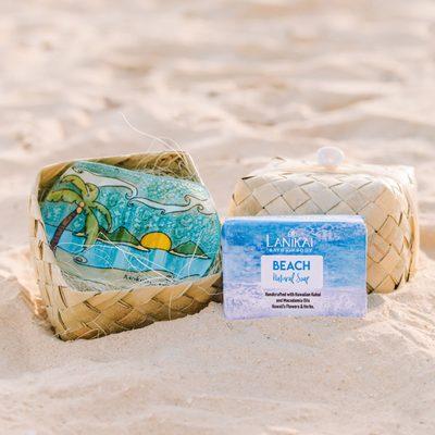 Keep calm & lather on! 
 Lanikai's handmade all natural soap paired with a handmade Mokulua Islands soap dish.