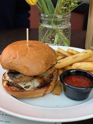 BBQ Burger complete with Onion Rings, baked patty, and House-made BBQ sauce. Served with a side of fries, of course!