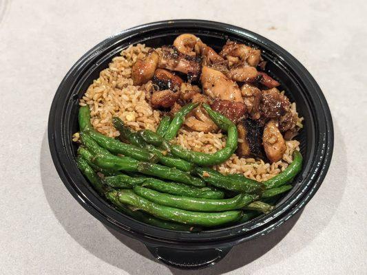 Fried rice, bourbon chicken, and garlic soy green beans